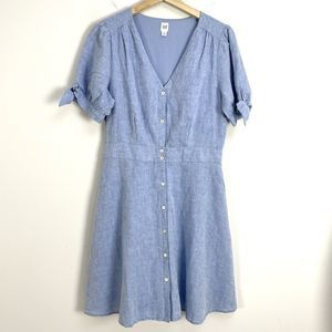 Gap Womens Size 8 Tall Blue Button Up Linen Cotton Dress Short Sleeve V Neck